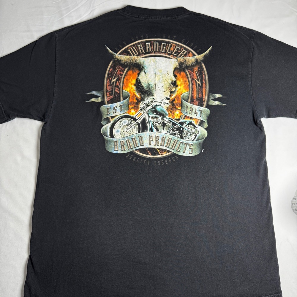 Vintage Wrangler Graphic T-Shirt L Black Biker Steer Skull Motorcycle Cowboy